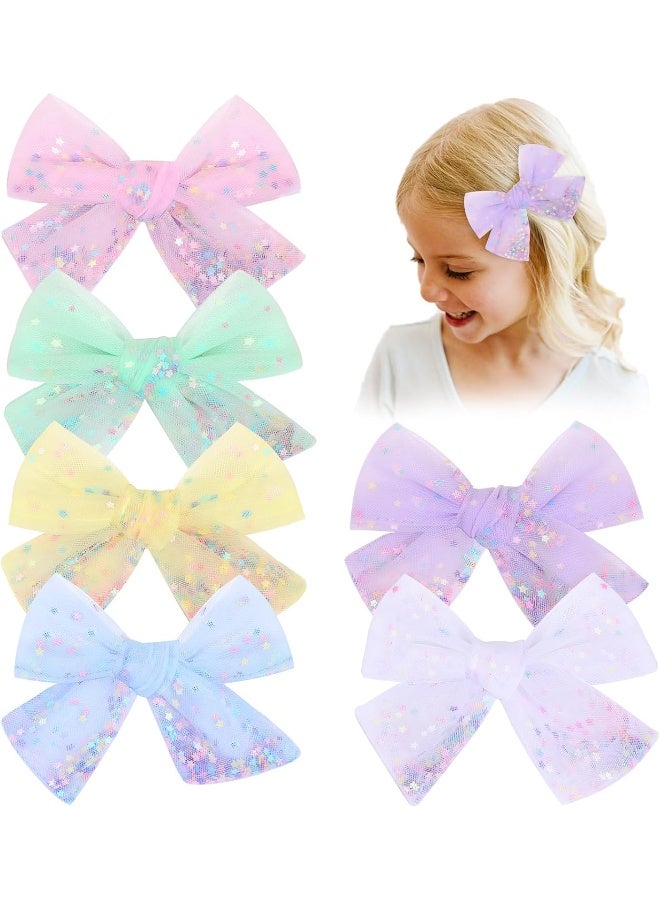 CN 6 PCS Tulle Hair Bows for Girls, Toddler Bows with Glitter Star Alligator, Colorful Hair Barrettes Wedding Hair Accessories for Baby Girls Infants Toddler Teens Party (Type D) - Image 1