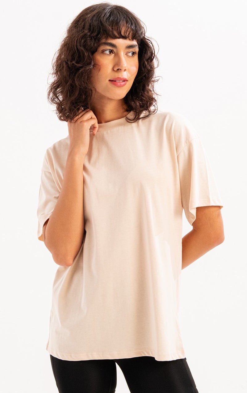 Justever 100% Cotton Oversize Fit Crew Neck Beige Women's T-Shirt - Halo  - Image 1