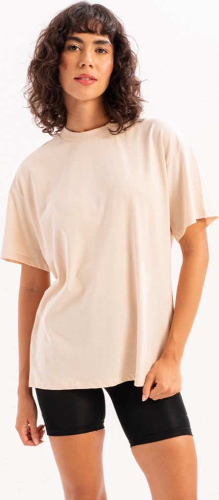 Justever 100% Cotton Oversize Fit Crew Neck Beige Women's T-Shirt - Halo  - Image 3