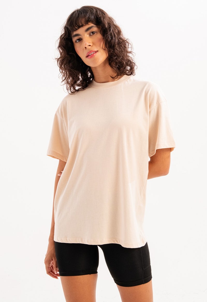 Justever 100% Cotton Oversize Fit Crew Neck Beige Women's T-Shirt - Halo  - Image 4