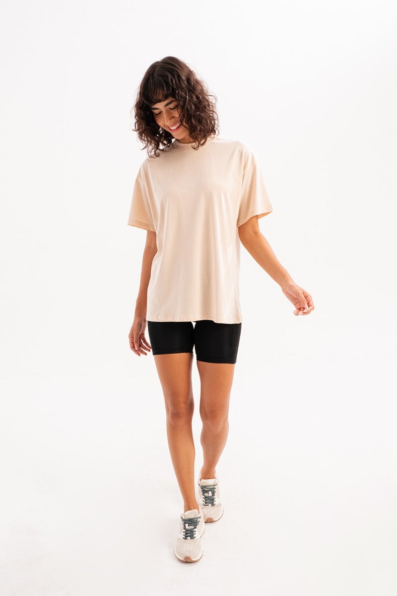 Justever 100% Cotton Oversize Fit Crew Neck Beige Women's T-Shirt - Halo  - Image 2