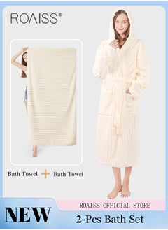 roaiss 2 Piece Bath Set for Women and Men Thicken Absorbent Bathrobe and Bath Towel in Striped Pattern Coral Fleece Sleepwear Autumn Winter Ladies Lightweight Soft Non Shedding Robe with Hood  - Image 1