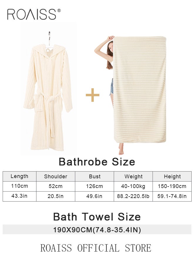 roaiss - 2 Piece Bath Set for Women and Men Thicken Absorbent Bathrobe and Bath Towel in Striped Pattern Coral Fleece Sleepwear Autumn Winter Ladies Lightweight Soft Non Shedding Robe with Hood - Image 1