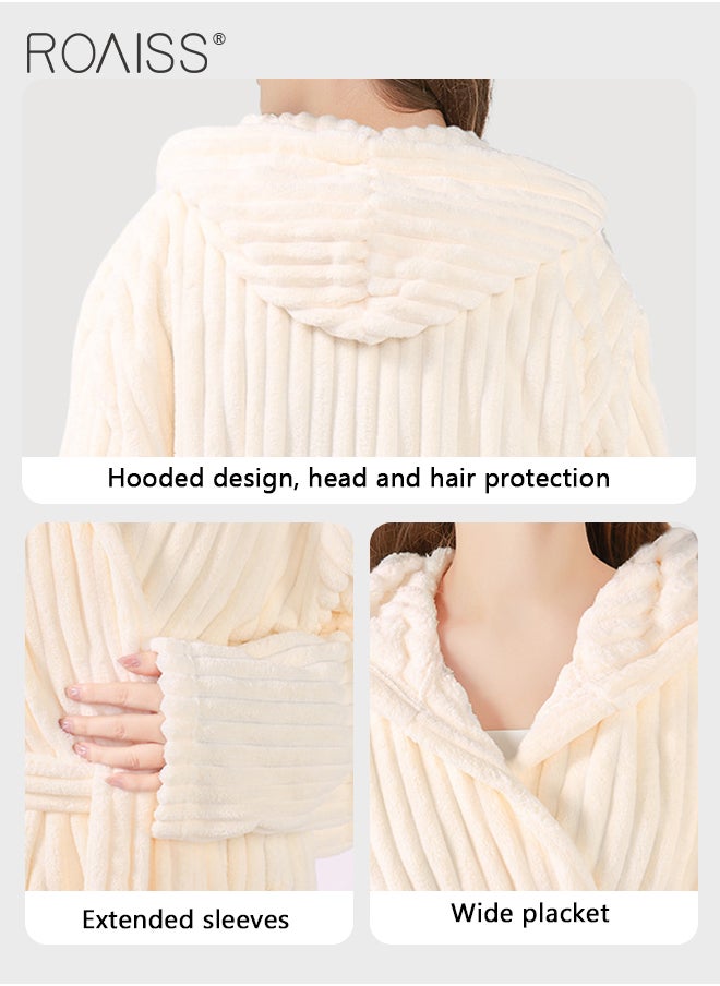 roaiss - 2 Piece Bath Set for Women and Men Thicken Absorbent Bathrobe and Bath Towel in Striped Pattern Coral Fleece Sleepwear Autumn Winter Ladies Lightweight Soft Non Shedding Robe with Hood - Image 1