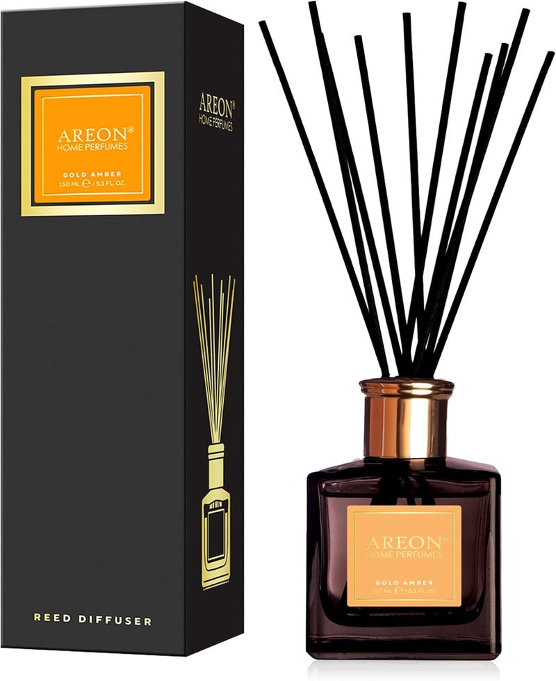 موزع عطر منزلي Areon بقصب الروطان 150 مل فاخر 10 أعواد قصب - العنبر الذهبي - Image 1