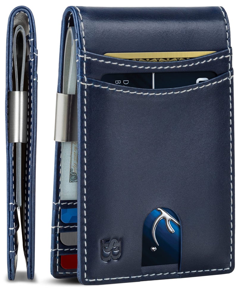SERMAN BRANDS Mens Money Clip Wallet. RFID Blocking Slim Front Pocket Wallets for Men, Full Grain Leather RFID Minimalist Card Holder (Atlantic Blue Navigator) - Image 1