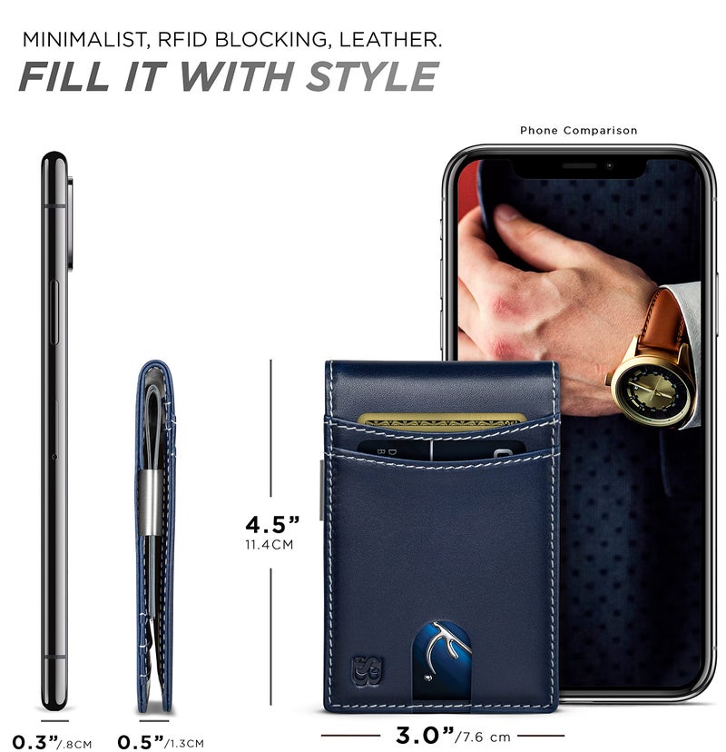 SERMAN BRANDS Mens Money Clip Wallet. RFID Blocking Slim Front Pocket Wallets for Men, Full Grain Leather RFID Minimalist Card Holder (Atlantic Blue Navigator) - Image 3