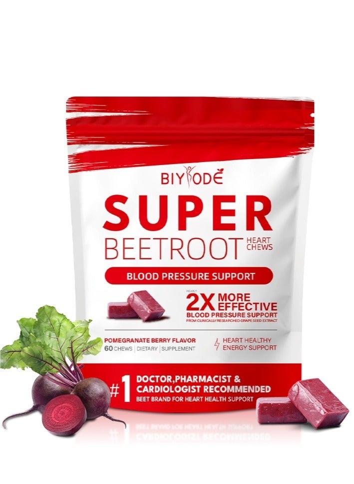BIYODE SuperBeets Heart Chews, Nitric Oxide and Blood Pressure Support, Grape Seed Extract & Non-GMO Beet Root Powder Energy Chews, Super Beets Heart Chews, Pomegranate Berry Flavor, 60 Count - Image 1
