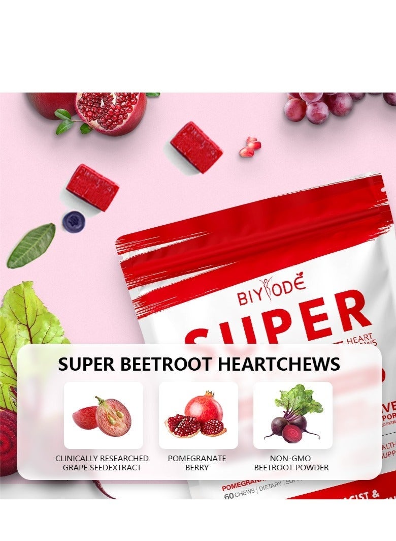 BIYODE SuperBeets Heart Chews, Nitric Oxide and Blood Pressure Support, Grape Seed Extract & Non-GMO Beet Root Powder Energy Chews, Super Beets Heart Chews, Pomegranate Berry Flavor, 60 Count - Image 4