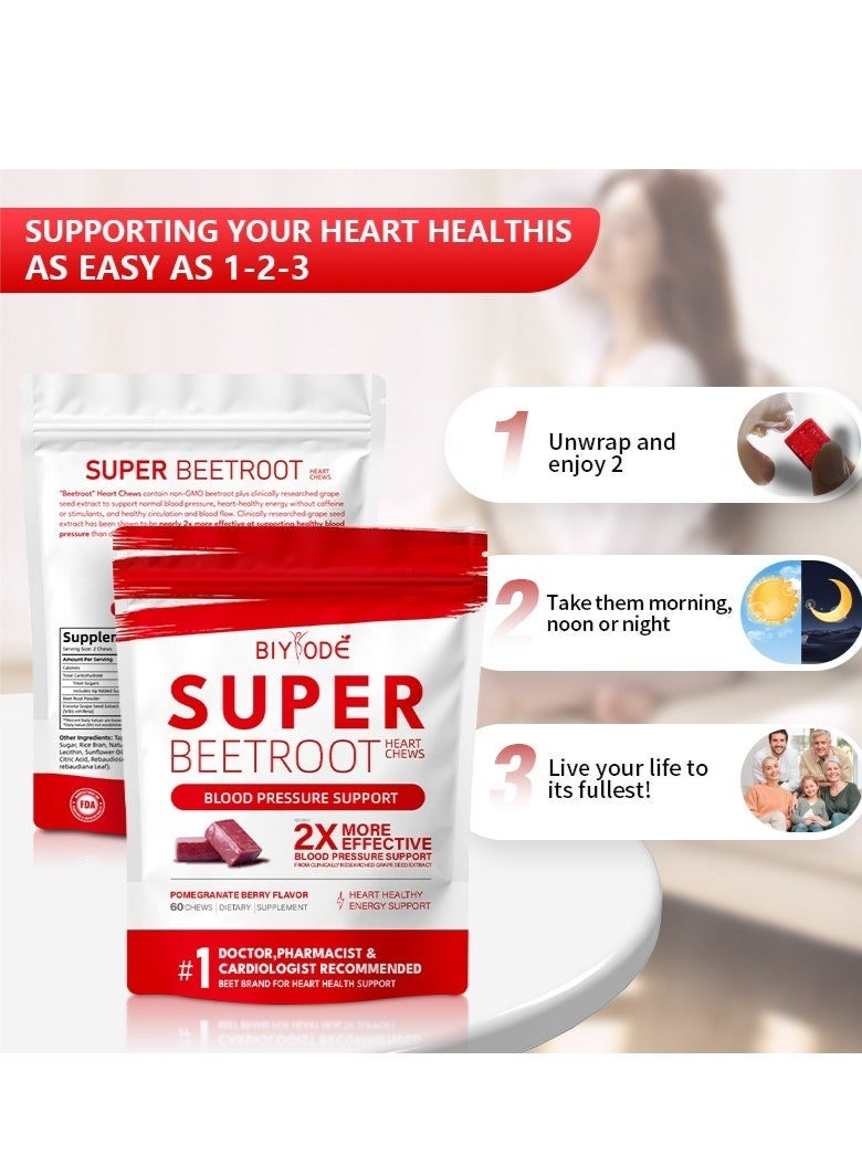 BIYODE SuperBeets Heart Chews, Nitric Oxide and Blood Pressure Support, Grape Seed Extract & Non-GMO Beet Root Powder Energy Chews, Super Beets Heart Chews, Pomegranate Berry Flavor, 60 Count - Image 5