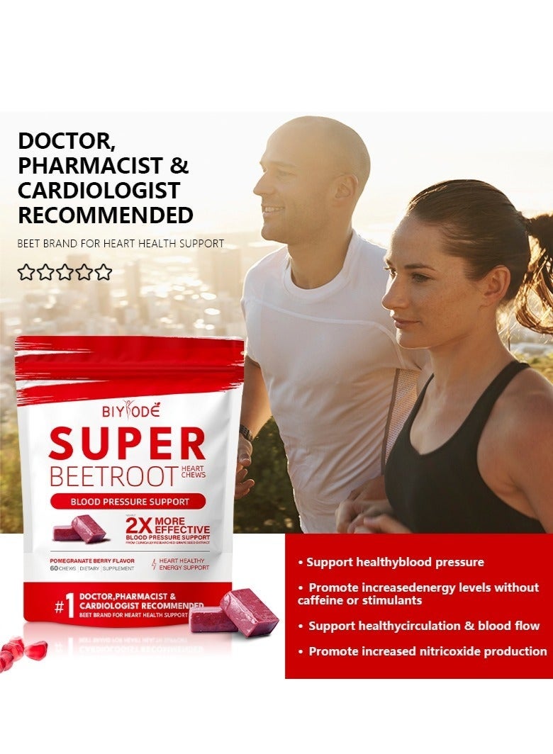 BIYODE SuperBeets Heart Chews, Nitric Oxide and Blood Pressure Support, Grape Seed Extract & Non-GMO Beet Root Powder Energy Chews, Super Beets Heart Chews, Pomegranate Berry Flavor, 60 Count - Image 3