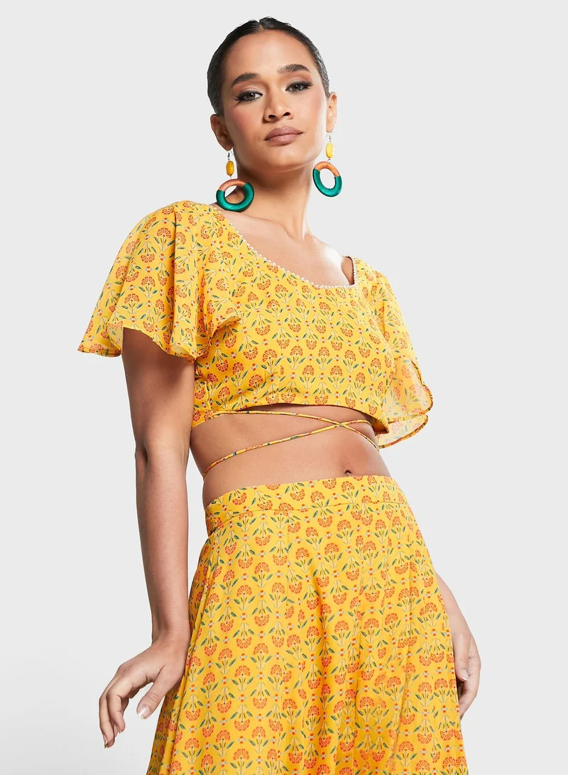 indya Indya X Ridhi Mehra Indya Floral Print Flared Sleeve Crop Top