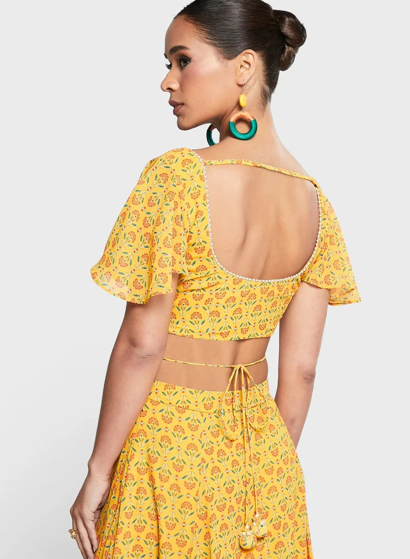 indya Indya X Ridhi Mehra Indya Floral Print Flared Sleeve Crop Top