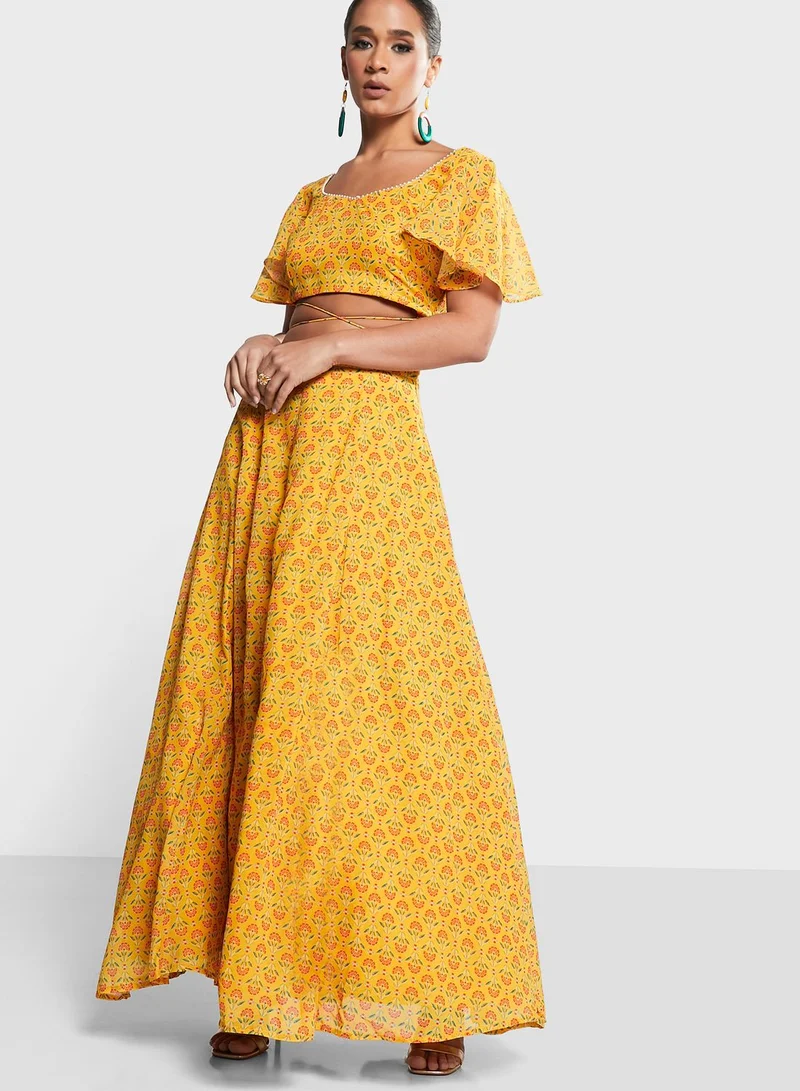 indya Indya X Ridhi Mehra Indya Floral Print Flared Sleeve Crop Top