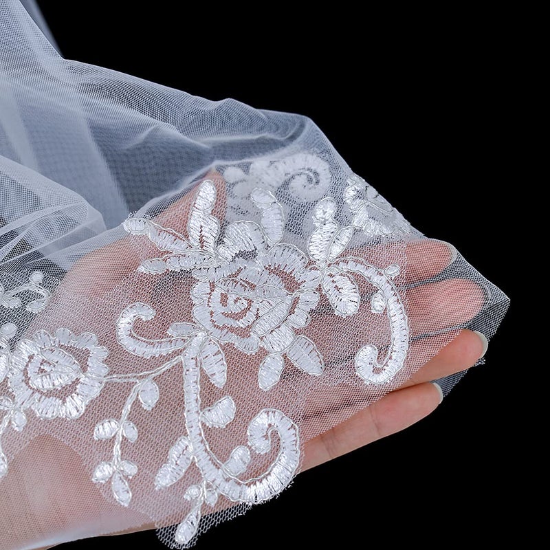 Bmirth Bride Wedding Veils 2 Tier Fingertip Length Bridal Veil Lace Veils with Flower Lace Edge and Comb (A-white) (White veil) - Image 3