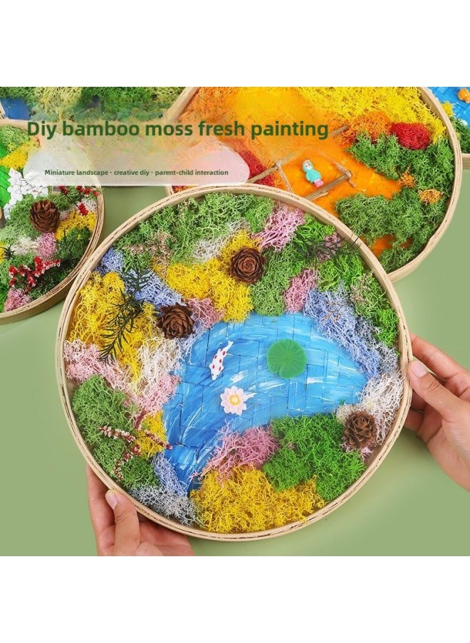 Generic Immortal Moss Painting Material Bag Bamboo Basket Handmade DIY Bamboo Frame Creative Plant Painting Green Plant Photo Frame Warm Field Group Building-Color:❈A4 Photo Frame Mountain Stream❈  - Image 2