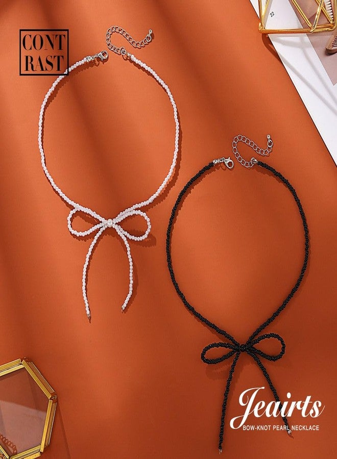 JEAIRTS Pearl Bow-Knot Choker Necklace Beaded Bow Tie Short Necklaces Chain Jewelry for Women (1-White) - Image 2