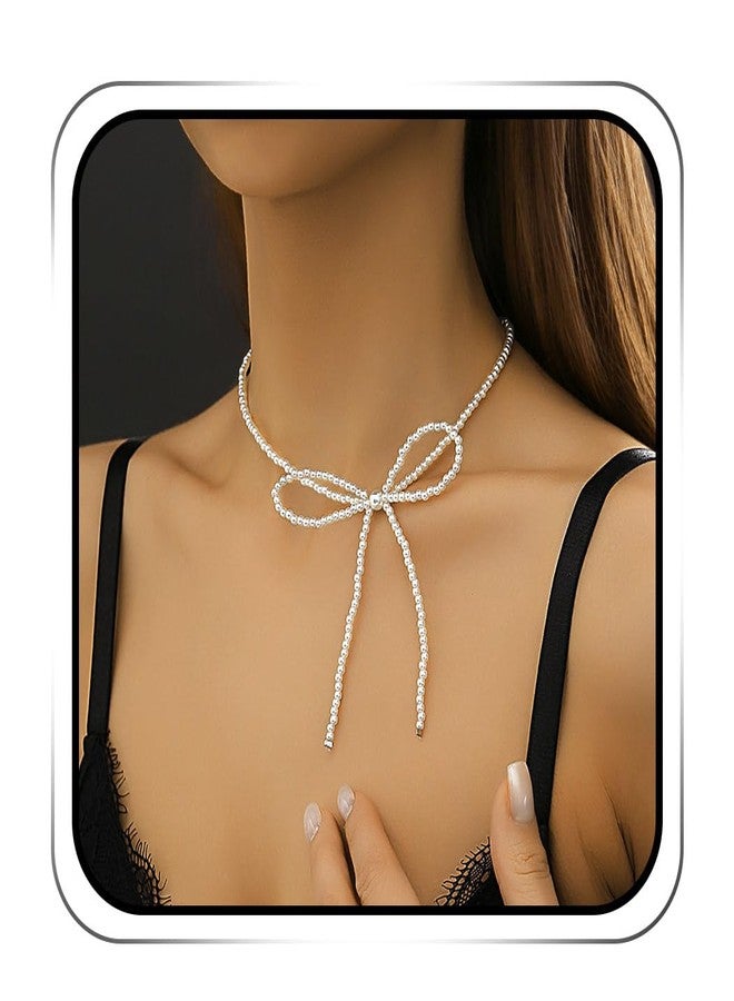 JEAIRTS Pearl Bow-Knot Choker Necklace Beaded Bow Tie Short Necklaces Chain Jewelry for Women (1-White) - Image 1
