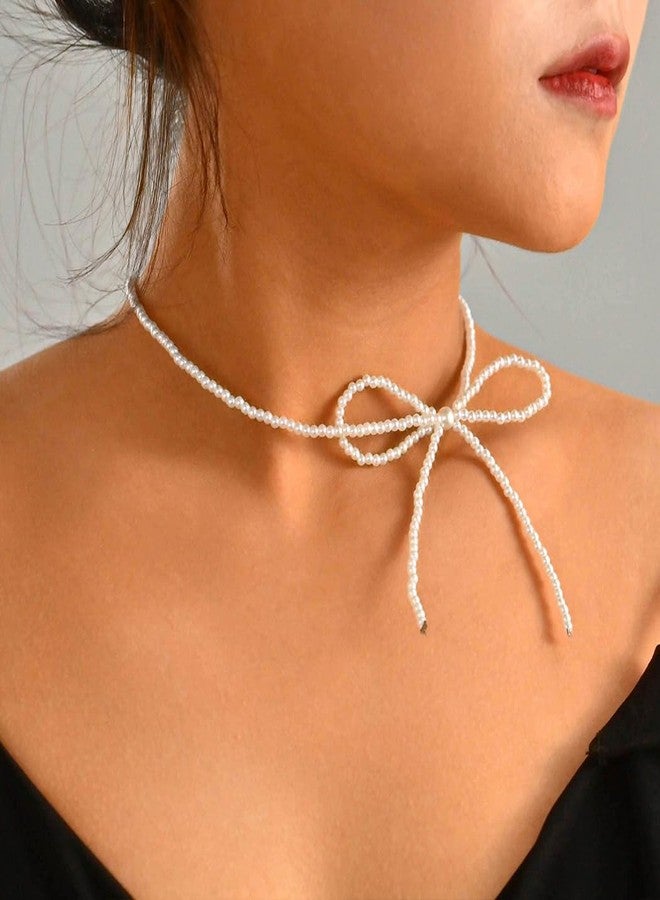 JEAIRTS Pearl Bow-Knot Choker Necklace Beaded Bow Tie Short Necklaces Chain Jewelry for Women (1-White) - Image 4