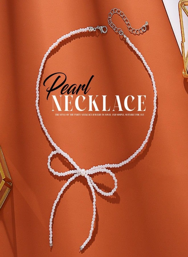 JEAIRTS Pearl Bow-Knot Choker Necklace Beaded Bow Tie Short Necklaces Chain Jewelry for Women (1-White) - Image 5