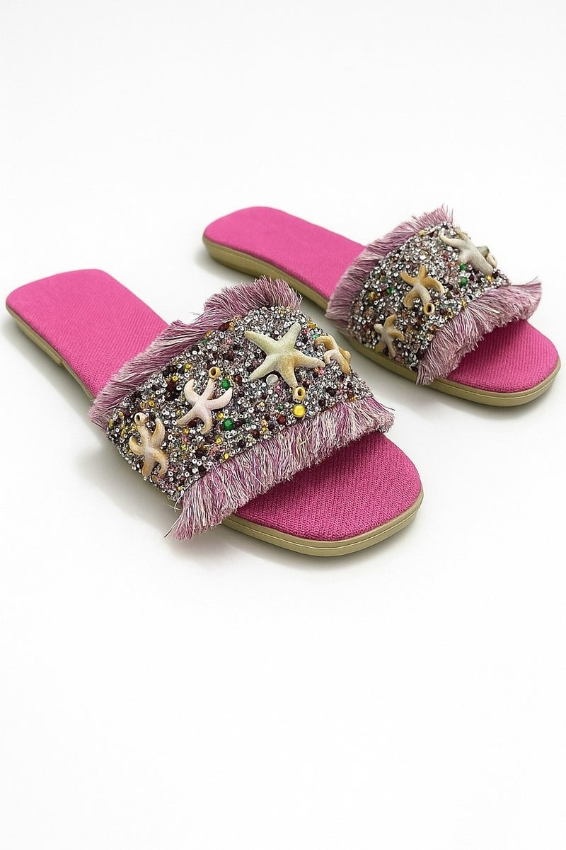 Vbranda A fabric Slipper embroidered at the front with details of the beach atmosphere.SF-68-FUSHIA - Image 1