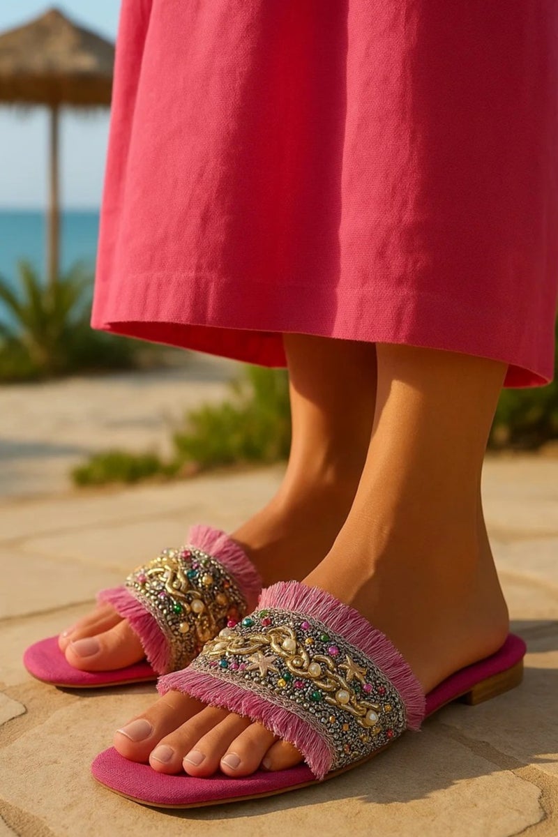 Vbranda A fabric Slipper embroidered at the front with details of the beach atmosphere.SF-68-FUSHIA - Image 3
