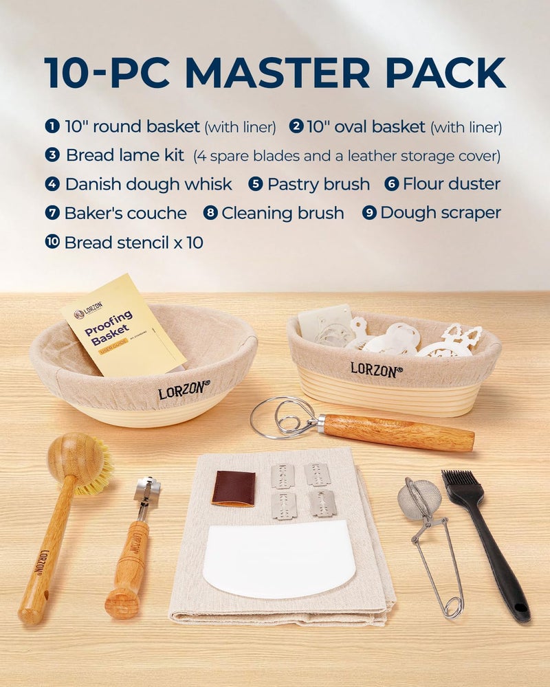 Lorzon Banneton Proofing Basket Set of 2, 10 Inch Round & Oval Cane Bread Proofing Baskets with Sourdough Bread Baking Supplies, Bread Making Kit - Image 2