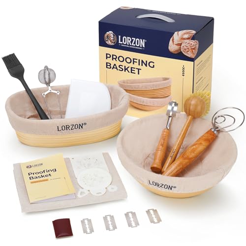 Lorzon Banneton Proofing Basket Set of 2, 10 Inch Round & Oval Cane Bread Proofing Baskets with Sourdough Bread Baking Supplies, Bread Making Kit - Image 1
