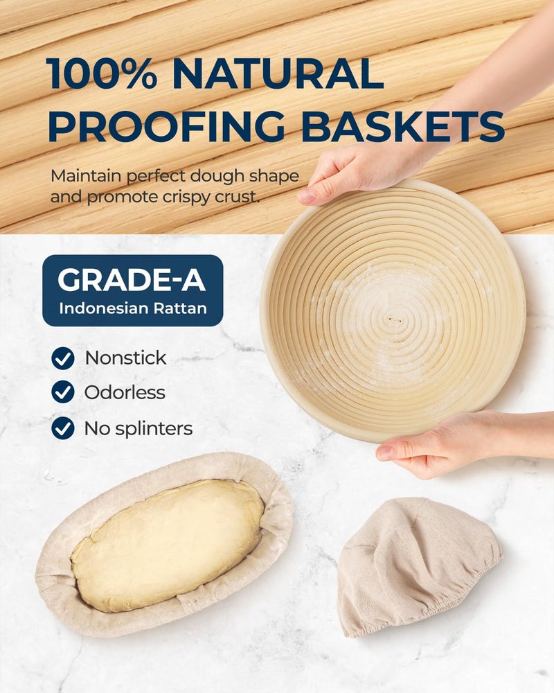 Lorzon Banneton Proofing Basket Set of 2, 10 Inch Round & Oval Cane Bread Proofing Baskets with Sourdough Bread Baking Supplies, Bread Making Kit - Image 3