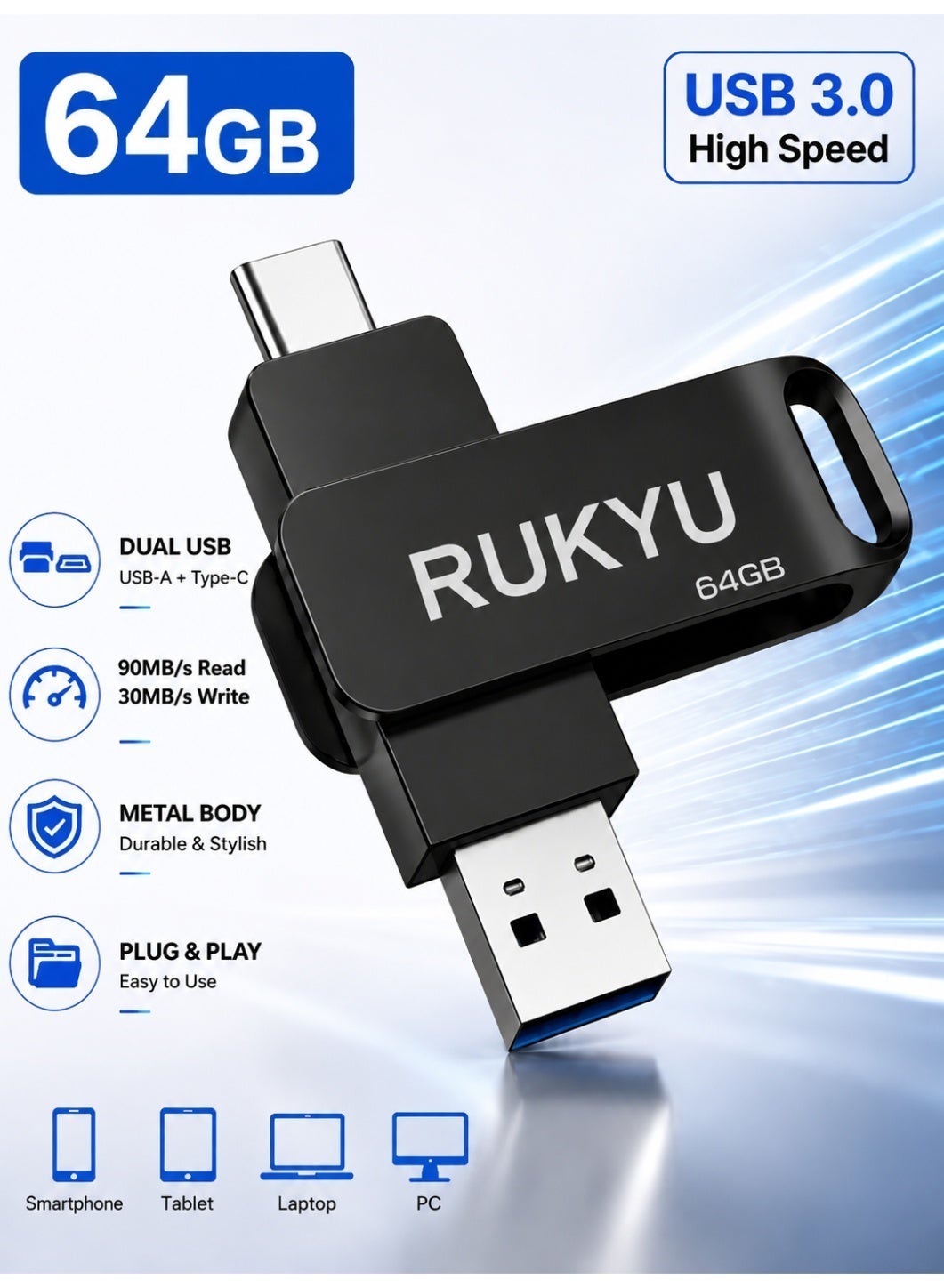 RUKYU RUKYU Usb Otg Flash Drive Memory Stick Dual Connector External For Android Phones Tablets Laptops Smart Car Audio TO150mb 64GB ZCD68E04BD3F8DC528924Z