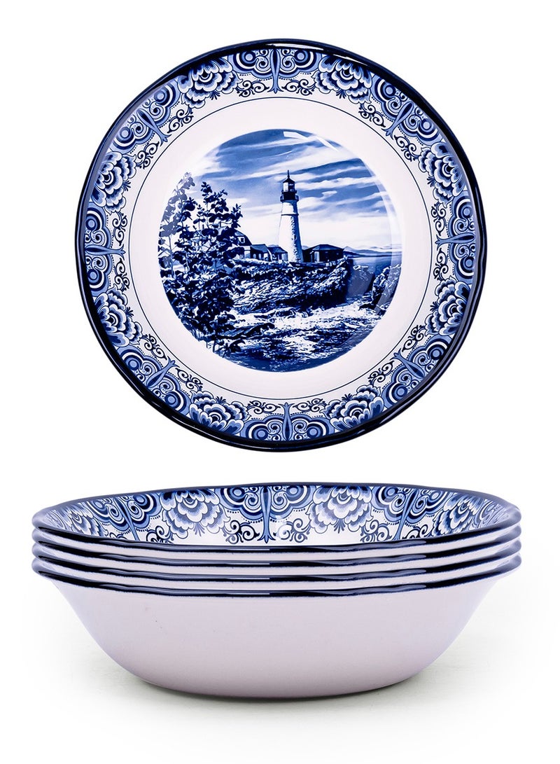 Claytan Lighthouse Blue Pattern 9-Inch Ceramic Salad Bowl (White, Set of 4) - Image 2