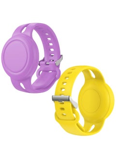 Y&D 2 Pack Airtag Bracelet for Kids Waterproof Silicone Wristband Full Case Cover Holder Anti Lost Band Hidden Accessories Toddler Child Tracker Strap Purple and Yellow  - Image 1