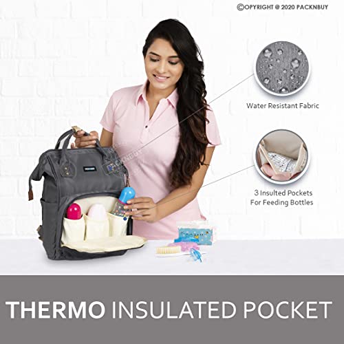 PACKNBUY Stylish Diaper Bag for Mothers for Travel with Changing Mat, Maternity Bag with Insulated Bottle Pockets and Multiple Pockets Baby Diaper Bag to Store Newborn Baby Products (Grey) - Image 3