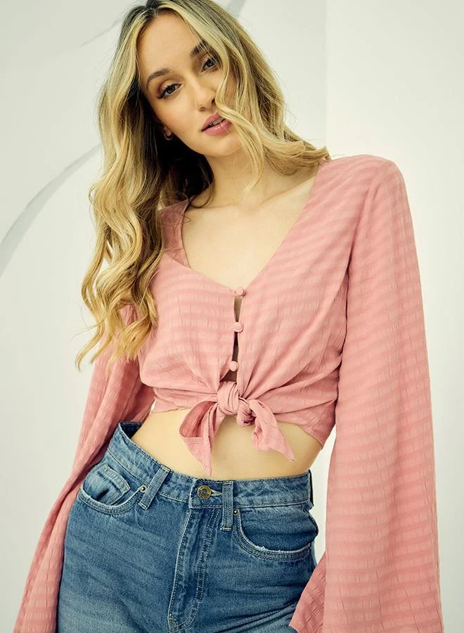 Virgio VIRGIO 100% Viscose Textured Front Tie-Up Blouse