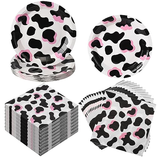 Yaomiao 120 Pcs Cowboy Cowgirl Party Supplies Cow Print Plates and Napkins Decorations for Girls Boys Farm Animal Cow Theme Birthday Party Baby Shower Supplies Pink - Image 1