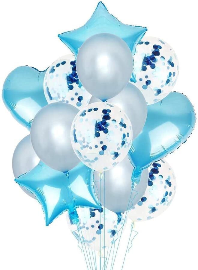 Secret Birthday Party Decorations Kit,Confetti Balloon Star Heart Foil Balloons Latex Balloon Set for Birthday, Weddings, Baby Shower Party, Festival Decorations, Business Event 14pcs Lightblue
