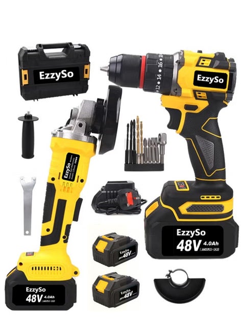 48V Drill and Angle Grinder Tool Set,Grinder Tool,Electric Screwdriver,Grinder,Power Tools Drill Set,Tool Kit,With 2*4.0Ah Batteries and Fast Charger