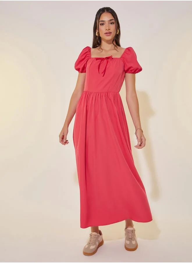 ستايلي Solid Square Neck Bow Detail Puff Sleeve Maxi Dress