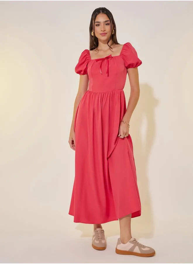 ستايلي Solid Square Neck Bow Detail Puff Sleeve Maxi Dress