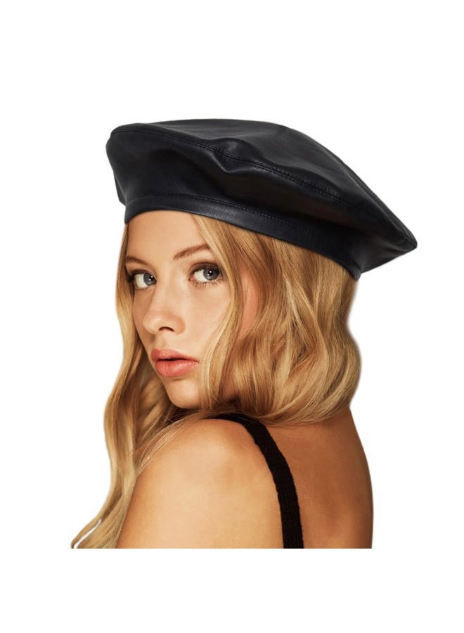 Wheebo PU Leather Berets for Women French Beret Hats Artist Painter Hat Classic Solid Style, Black, One size - Image 1