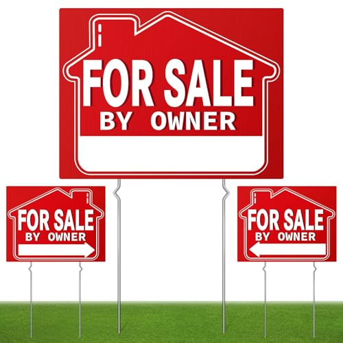 ISIYHCC For Sale By Owner Yard Sign (3 Pack), 18" X 14" Double-Sided Yard Signs with Metal H Stakes，For Sale By Owner Signs for Real Estate, Perfect for Home Owners Real Estate Directional Arrows Signs, House - Image 1