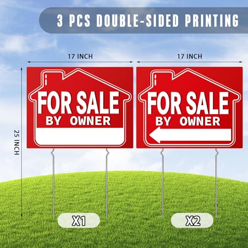 ISIYHCC For Sale By Owner Yard Sign (3 Pack), 18" X 14" Double-Sided Yard Signs with Metal H Stakes，For Sale By Owner Signs for Real Estate, Perfect for Home Owners Real Estate Directional Arrows Signs, House - Image 2