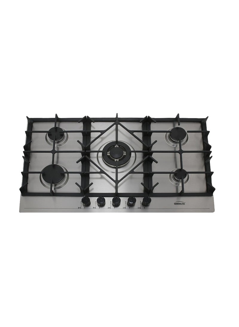 GENERALTEC موقد غاز جنرالتيك 5 شعلات، 90 سم موقد مدمج، هيكل من الفولاذ المقاوم للصدأ، دعم أواني من الحديد الزهر، موقد مدمج في سطح المطبخ | GCBT905SF