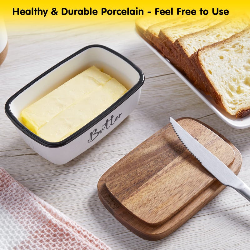 ALELION Butter Dish with Lid, ALELION Large Ceramic Butter Dish with Lid for Countertop, Butter Keeper with Thick Acacia Wood Lid, Kitchen Decor and Accessories for Kitchen Gifts, White - Image 5