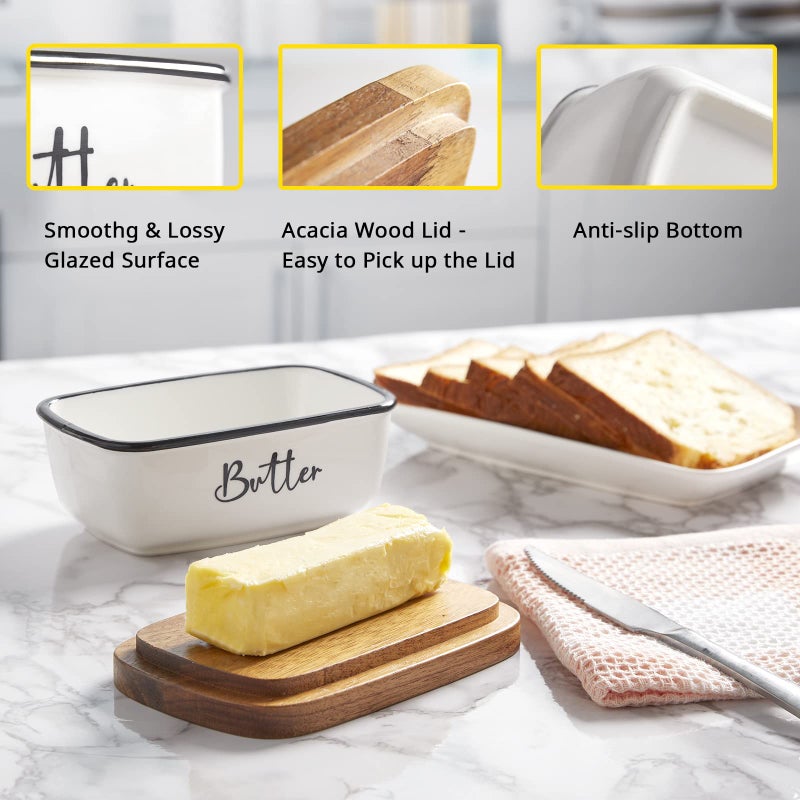 ALELION Butter Dish with Lid, ALELION Large Ceramic Butter Dish with Lid for Countertop, Butter Keeper with Thick Acacia Wood Lid, Kitchen Decor and Accessories for Kitchen Gifts, White - Image 4