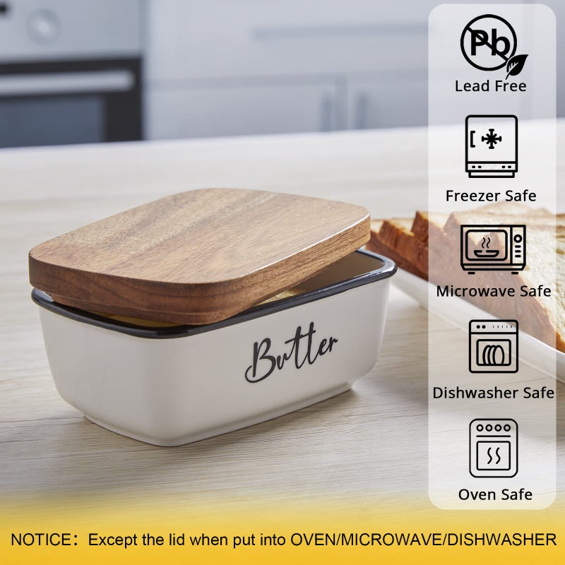 ALELION Butter Dish with Lid, ALELION Large Ceramic Butter Dish with Lid for Countertop, Butter Keeper with Thick Acacia Wood Lid, Kitchen Decor and Accessories for Kitchen Gifts, White - Image 3