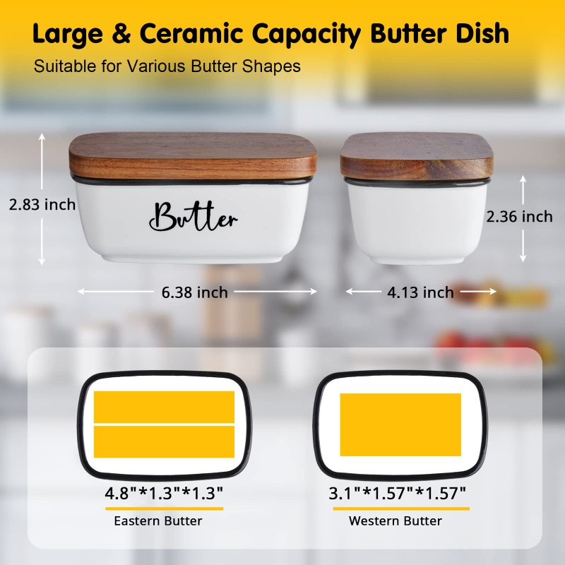 ALELION Butter Dish with Lid, ALELION Large Ceramic Butter Dish with Lid for Countertop, Butter Keeper with Thick Acacia Wood Lid, Kitchen Decor and Accessories for Kitchen Gifts, White - Image 2