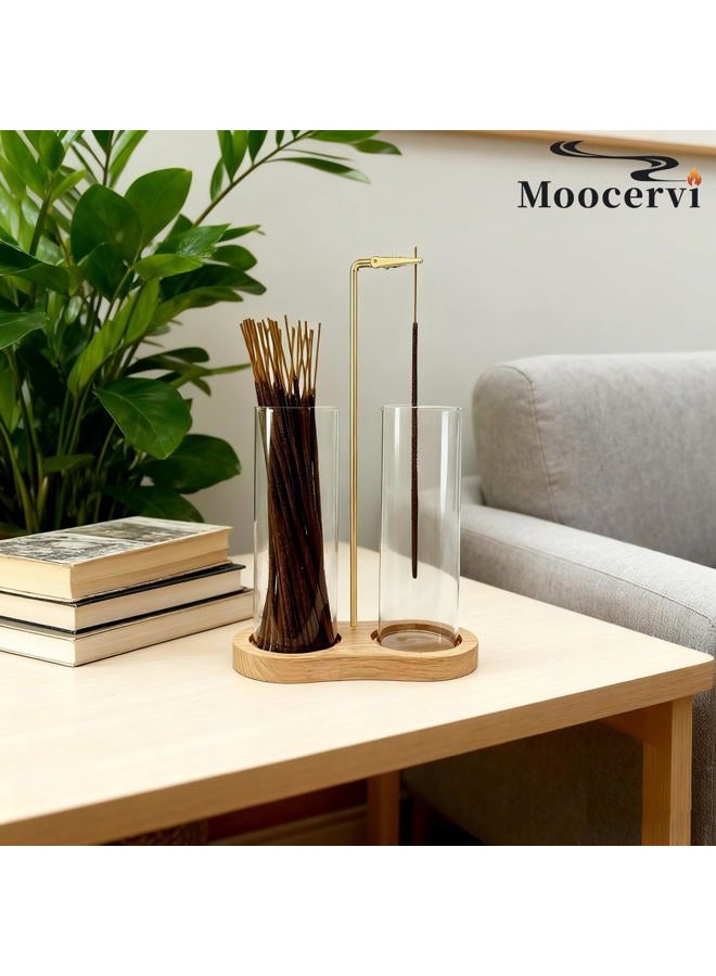 Moocervi Glass Incense Holder, Incense Sticks Burner Holder with Storage,Hang Upside Down Incense Holder for Sticks with Glass Ash Catcher for Meditation Yoga Spa Room Decor (Natural) - Image 3