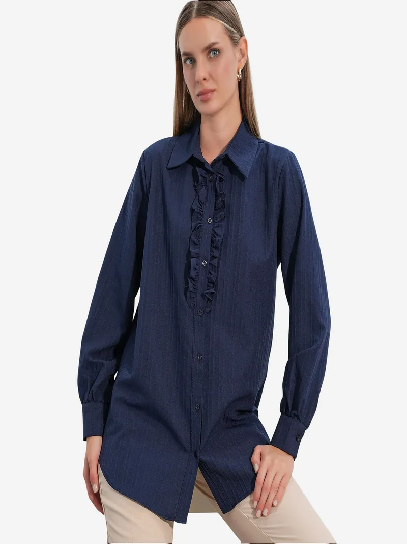 Big Dart Navy Blue BDART Ruffle Detailed Textured Shirt for Women | Best Price UAE