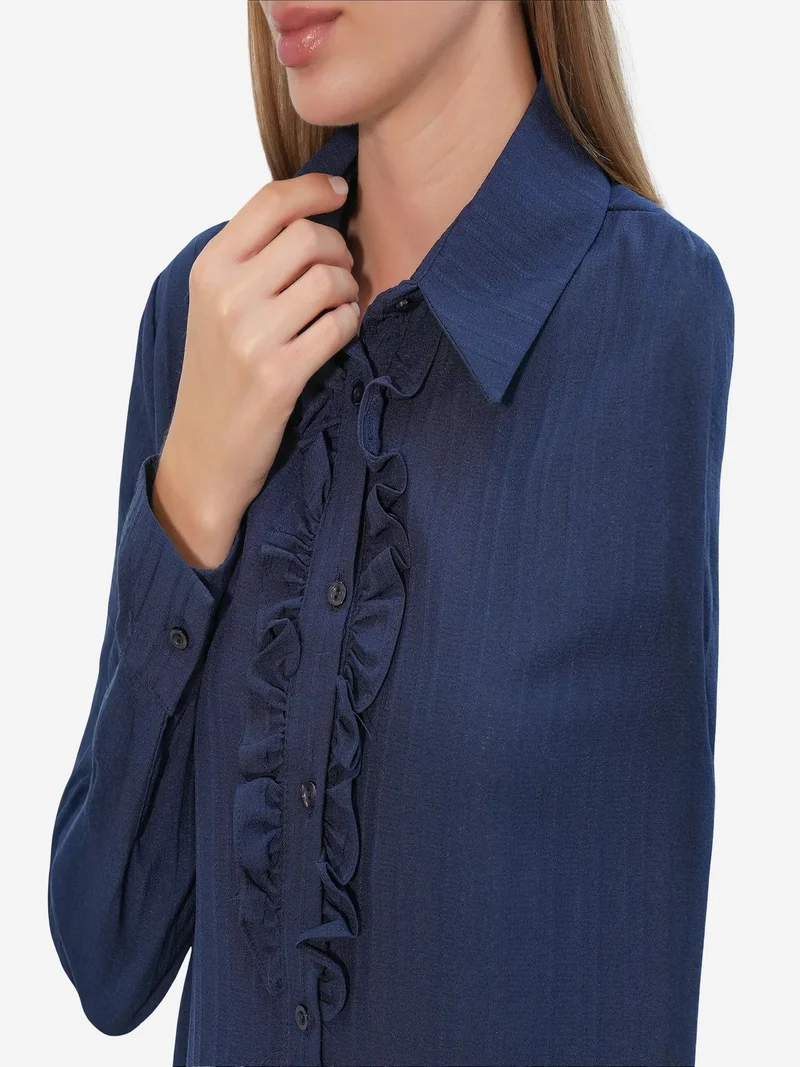 Big Dart Navy Blue BDART Ruffle Detailed Textured Shirt for Women | Best Price UAE